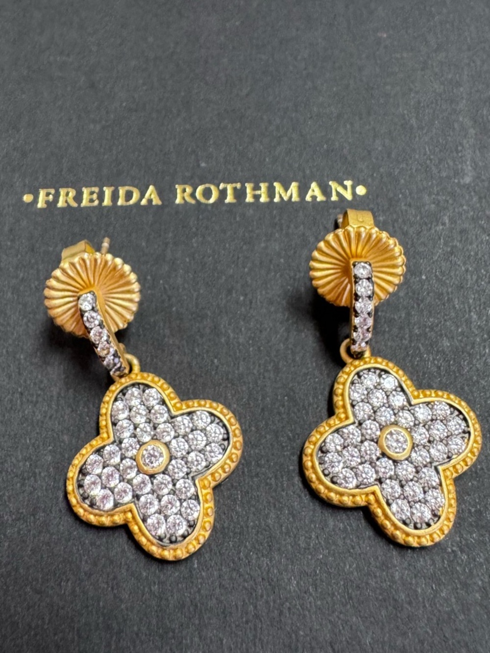 Frieda Rothman Brooklyn Mosaic Clover Pave Drop Earrings NWOT